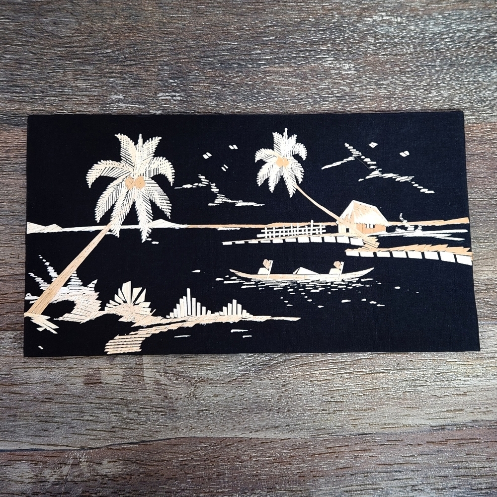 VINTAGE Genuine Rice Straw Art Asian Oriental Scene, Oriental Wall Decor